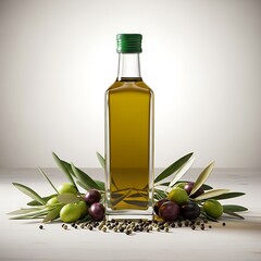 Bottle of extra virgin olive oil with olives and leaves