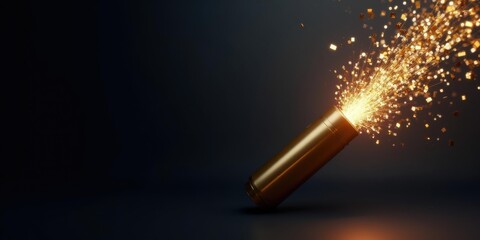 Photorealistic 3D gold confetti explosion on dark navy — New Year promo banner