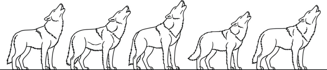 Howling wolf line drawings, repeated profile silhouettes, black and white vector animals, stylized wildlife illustration, minimal design, nature concept, forest art