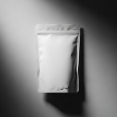 Blank white stand up pouch bag with zipper closure on a textured background