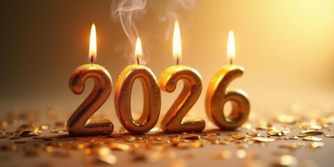 Gold glitter 2026 candles burning with smoke &mdash; New Year banner with confetti & warm bokeh