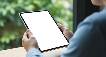 Person holding a tablet computer with a blank white screen outdoors