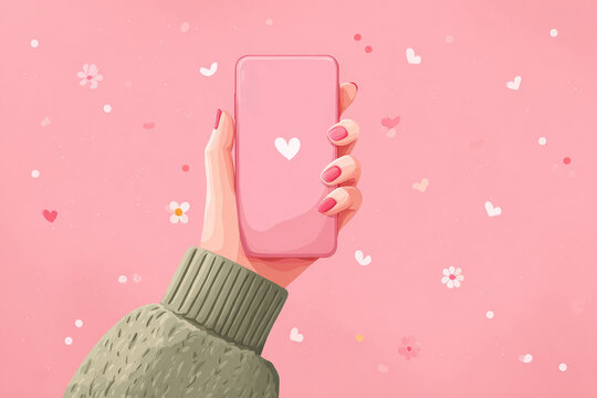 Hand holding a smartphone displaying a heart symbol on a romantic vibrant pink background