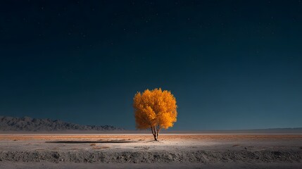 Single vibrant autumnal tree stands isolated against a dark, star-filled desert sky