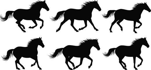 Running horse silhouettes, dynamic motion sequence, black vector animals, flowing mane illustration, equine anatomy study, minimal design, nature concept, wildlife art