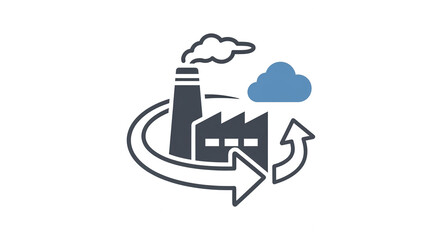 Factory Icon with Arrows and Smoke, Representing Industrial Cycle, Manufacturing, or Pollution