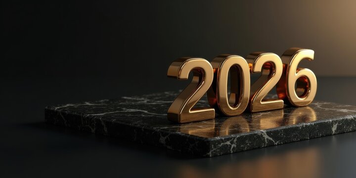 Metallic Gold 2026 Numbers on Black Marble — Corporate New Year Banner