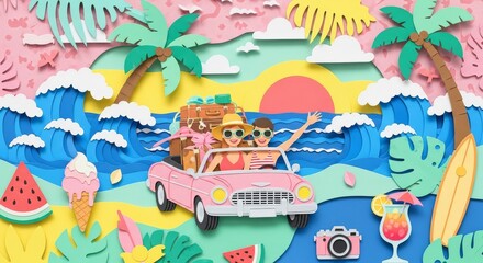Paper Art Beach Trip - Couple driving a pink convertible on a paper crafted beach with suitcases and vacation items. Summer vibes!