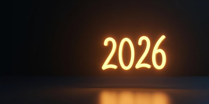 3D Modern Minimal Golden-Orange Neon 2026 — Glowing Floating Sign, New Year Banner