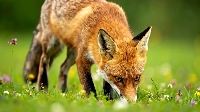 Red Fox Foraging in Lush Green Grass with a Bee Flying Nearby.