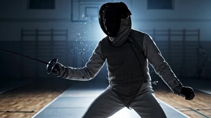 Silhouette fencer standing in a fighting stance during practice, an athletic performance in a dark gym for competitive sport.
