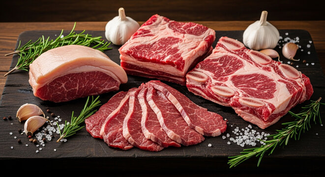 Cortes de carne crua com alho, sal grosso e alecrim sobre superf&iacute;cie escura