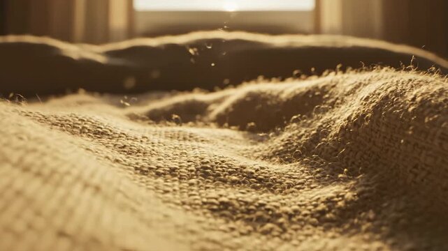 Cozy Textured Blanket Bathed in Warm Sunlight Gentle Morning Glow Illuminates Fabric Waves.
