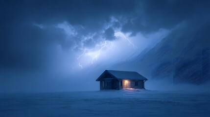 Isolated dwelling glows warmly beneath a dramatic electrical storm over a snowy landscape