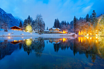 Lake Blausee in Bernese Highlands during winter, Switzerland