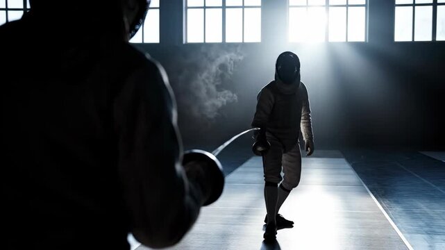 Silhouette fencer standing in a dramatic arena, preparing for a match on the strip against an opponent during a competition.
