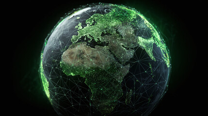 A digitally rendered illustration of earth in a network of connected nodes, highlighting technology, connectivity, and communication