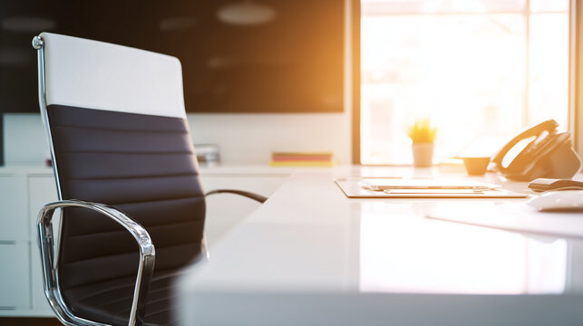 Modern office space featuring a clean desk and chair in a contemporary professional setting. real-estate listings.