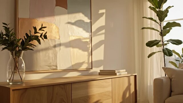Dynamic Timelapse of Golden Hour Sunlight and Plant Shadows Moving Across a Modern Stylish Living Room Interior.