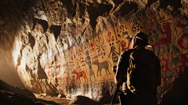 Man archeologist exploring ancient cave paintings. Prehistoric rock art discovery. Historical exploration and documentation using tripod camera.