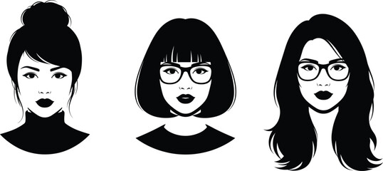 Stylized woman face illustrations, varied hairstyles and glasses, black and white vector portraits, fashion character design, minimal concept, beauty art