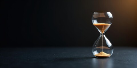 Minimal glass hourglass golden sand on black — countdown sale banner