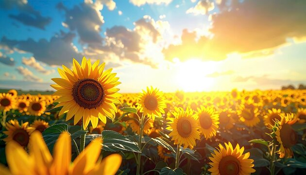 A vibrant field of sunflowers stretches towards the horizon under a sky filled with dramatic clouds and a brilliant sunset. - Powered by Adobe