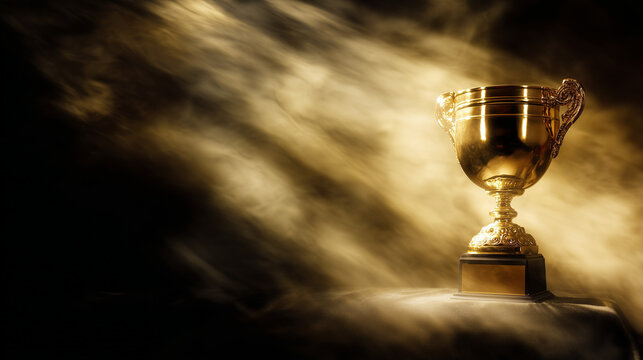 A shining gold trophy on a velvet podium with dramatic spotlight. event key visuals, club posters, designed for fitness apps and gym onboarding, drives event promotion.