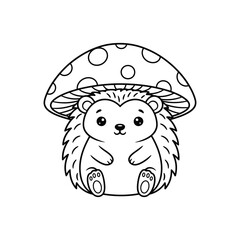 cute hedgehog vector illustration, adorable cartoon animal under mushroom hat outline