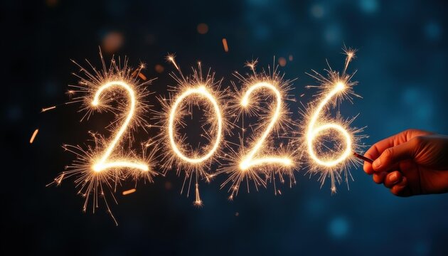 Sparkler light painting New Year 2026 — golden sparks in hand, dark-blue bokeh
