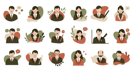 Collection of diverse business professional avatars featuring male and female corporate employee icons with communication and work elements
