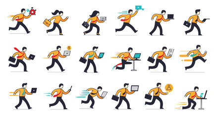 Dynamic vector set illustrating the rapid pace of modern business and professional efficiency with diverse tasks