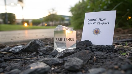 A crystal labeled Resilience next to scattered ashes and a message of hope