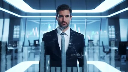 Confident businessman standing in a high-tech corporate office, surrounded by glowing blue digital data and holographic financial charts, symbolizing modern business analytics and strategic leadership - Powered by Adobe
