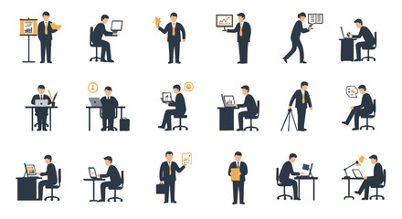 A collection of modern business professional illustrations depicting various office tasks corporate roles and workplace activities in a versatile