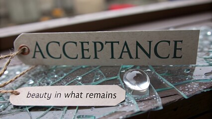 Close up of Acceptance text and water drop on shattered glass