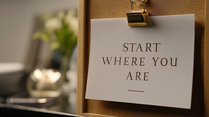 Inspirational quote card "Start Where You Are" on wooden backdrop