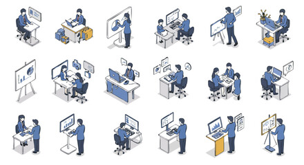 Isometric illustrations showcasing diverse business professionals engaged in collaborative office work and digital tasks using technology