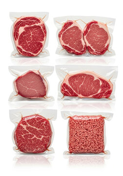 Cortes de carne embalados a v&aacute;cuo em fundo branco
