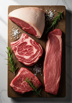 Variedade de cortes de carne bovina crua com sal grosso e alecrim sobre t&aacute;bua de madeira