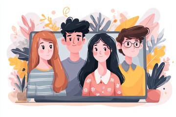 Young diverse people engaging in an online meeting via laptop screen with botanical elements