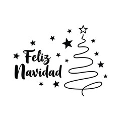 feliz navidad calligraphy with abstract christmas tree and stars vector illustration