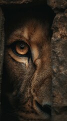 Lion's Gaze: A close-up shot captures the intense, unwavering stare of a lion's eye, peering from behind a rugged stone structure, evoking power and wild beauty.