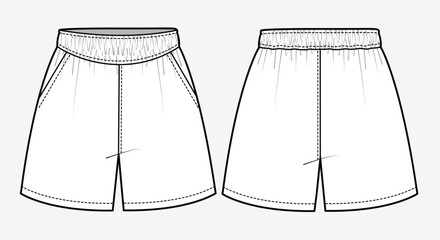 Women's boxer shorts front and back view flat sketch vector mockup template technical illustration.