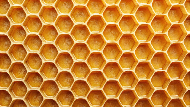 Macro view of a golden honeycomb structure filled with honey bees apiary Background
