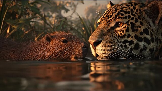 Jaguar and capybara in water wildlife portrait of amazonian fauna