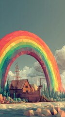 Dreamy Oasis: A stylized low-poly illustration of a whimsical scene featuring a quaint wooden house under a vibrant rainbow. The house looks like a ship on a sea, evoking a sense of wonder and escape.