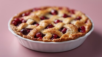 Obraz premium Warm, rustic cranberry pie in a white ceramic dish with a classic lattice crust and scattered fresh berries.