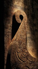 Ancient Carving: Intricate carvings on a weathered stone surface, a testament to the artistry and history of a bygone era. Capturing the texture and detail of the timeless craftsmanship.