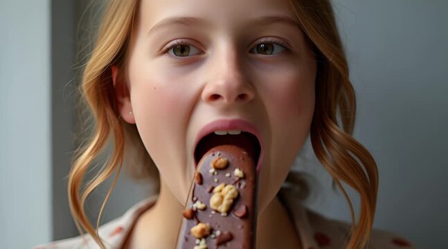 Happy blonde girl enjoying a delicious chocolate ice cream bar covered in crunchy nuts captured in an extreme close-up shot